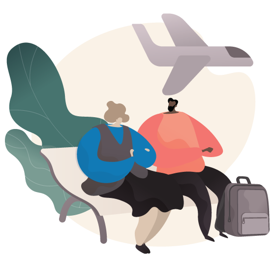 two gents sitting on a table in a park and waiting for delayed flight illustraion